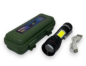 Lanterna Tática Led USB com luminária caixa verde R-L-0006