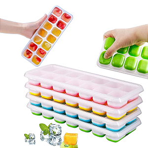 Forma de Gelo Cubo com Tampa Resistente Flexível Fundo Silicone 14 Cubos