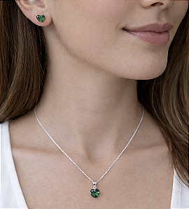 Colar e brinco coração verde esmeralda Prata 925