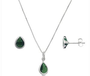 Conjunto Gota Esmeralda Prata 925 6x8 mm