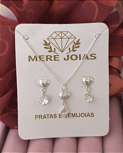 Conjunto coração e pedra redonda prata