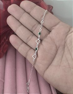 Pulseira 2 Corações com Pedra Verde Prata 925