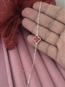 Pulseira Corrente Trevo Vermelho Prata 925