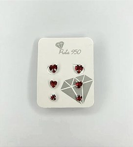 Trio de Brincos Coração Vermelho Prata 950