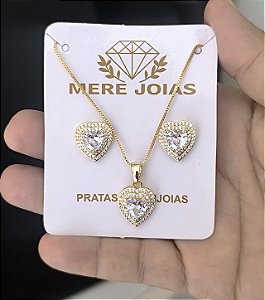 Conjunto Coração Cravejado Semijoia