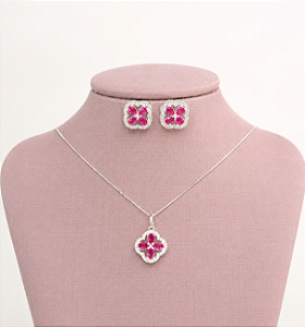 Conjunto Trevo Rosa Prata 925