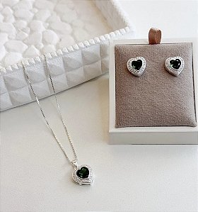Conjunto Coração Zircônias Verde Prata 925