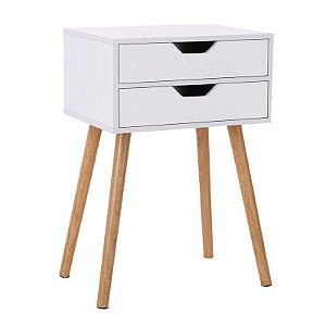 Criado mudo com duas gavetas na cor branca e base em pés de madeira