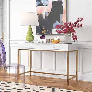 Mesa Aparador em MDF Branco com duas gavetas e base em metal dourado