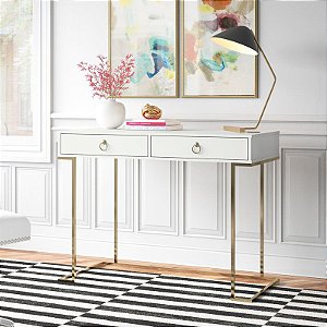 Mesa  Aparador em MDF Branco com duas gavetas e base em metal dourado