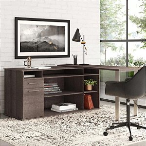 Mesa em L com módulo com porta gavetas e nicho  e mesa para trabalho