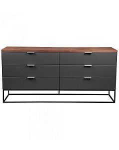 Buffet com gavetas em MDF e base de metal  com tampo madeirado e caixaria escura