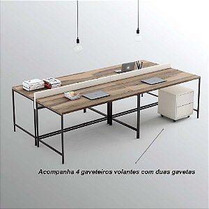 Plataforma de trabalho com 4 lugares e 4 gaveteiros volantes