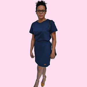 Vestido Gola Redonda Com Cinta em Moletinho Azul