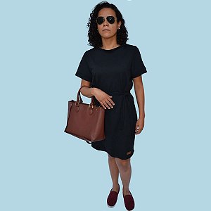 Vestido Gola Redonda Com Cinta em Moletinho Preto