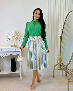 Conjunto Saia Midi Listrada e Blusa Manga Longa 0231