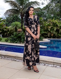 Vestido Longo Com Manga 3/4 e Botões 2366