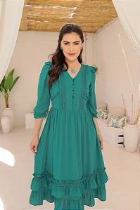 Vestido Midi Com Babado e Manga 3/4