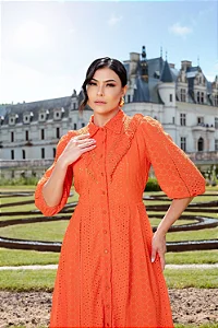 Vestido Midi Chemise Chiffon Bordado