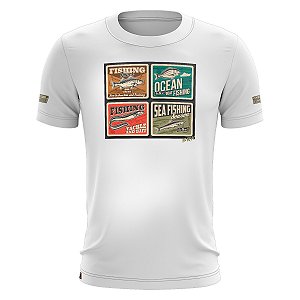 Camiseta Casual de Pesca BRK Branca Fishing Stories com UV50 +