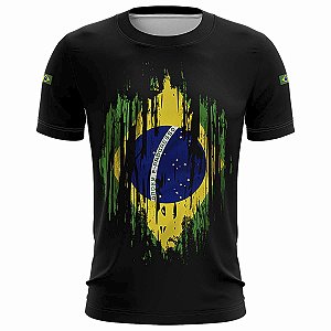 Camiseta Brasil Brk Preta Bandeira Grunge com UV 50+