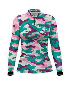 Camisa de Pesca BRK Feminina Camo Verde e Lilás com UV50 +