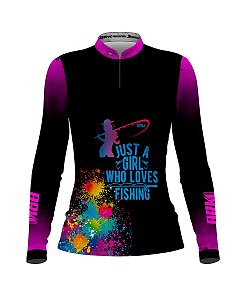 Camisa de Pesca BRK Preto e Roxo Girls Love Fishing com UV50 +