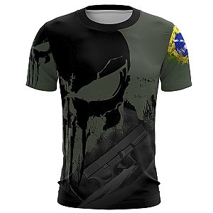 Camiseta Militar BRK Caveira Brasil 9mm com Proteção Solar UV50+