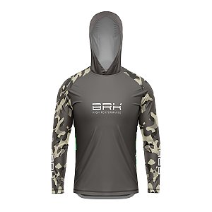 Camisa de Pesca com Capuz  BRK Camuflada Cinza Verde com UV50 +