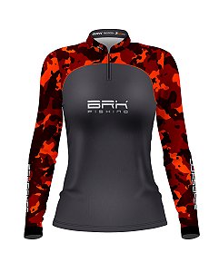 Camisa de Pesca Feminina BRK Laranja Camuflado e Cinza com UV50+