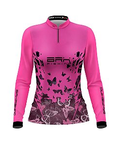 Camisa de Pesca Feminina BRK Rosa com Borboletas Proteção UV50+