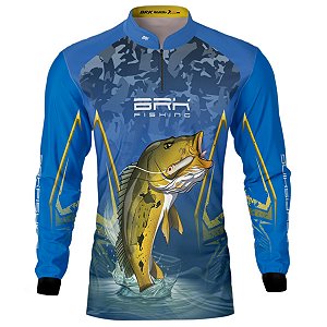 Camisa de Pesca Azul Escuro BRK Tucunaré Amarelo com UV50+