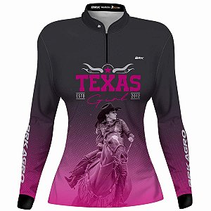 Camisa Agro Feminina Preta e Rosa BRK Texas Girl com Proteção UV50+