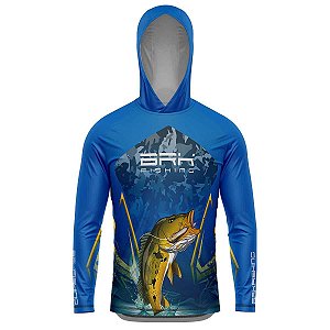 Camisa de Pesca Com Capuz Azul BRK Tucunaré Amarelo com UV50+