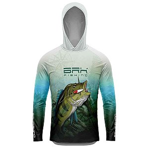 Camisa de Pesca Com Capuz Verde e Branca BRK Tucunaré Azul com UV50+