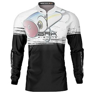 Camisa de Pesca BRK Lures Popper Branco e Preto com UV50+