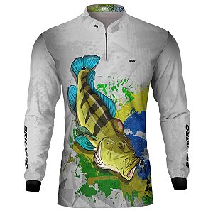 Camisa de Pesca BRK Branca Tucunaré Azul com Proteção UV50+