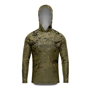 Camisa de Pesca com Capuz Brk Camuflado Verde com Proteção UV50+