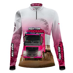 Camisa de Caminhão BRK Aqui Tem Pressão Branca e Rosa com UV50+