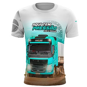 Camiseta de Caminhão BRK Aqui Tem Pressão Branca e Ciano com UV50+