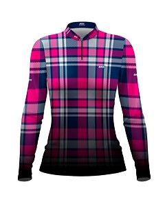 Camiseta Brk Agro Feminina Xadrez Azul e Rosa com Proteção Solar UV50+