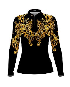 Camisa Country BRK Feminina Dourada e Preto Boiadeira com UV50 +