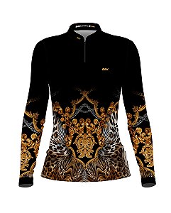 Camisa Country BRK Feminina Dourada e Preto Onça com UV50 +