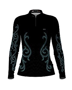 Camisa Country BRK Preta e Azul Feminina Boiadeira com UV50 +