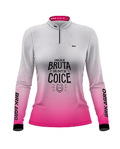 Camisa Agro Branca e Rosa BRK Delicada Igual Coice de Mula com UV50+