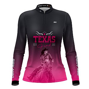 Camisa Agro Feminina Preta e Rosa BRK Texas Girl com Proteção UV50+