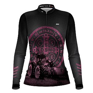 Camisa Feminina BRK Medalhão de São Bento Preto e Rosa UV50+