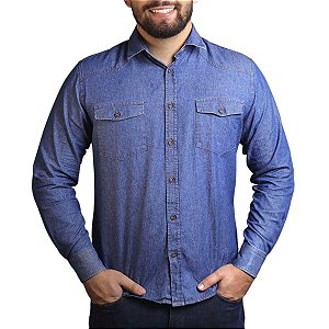 Camisa Social Jeans Manga Longa Slim Fit BRK - Jeans Escuro