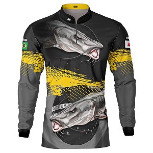Camisa de Pesca BRK Preto e Amarelo Peixe Pintado com UV50 +