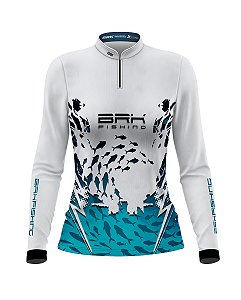 Camisa Feminina BRK Peixe Vazado Branco e Azul com UV50+